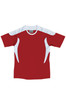 A red sports tee shirt featuring white accents and a logo on the front. Ideal for kids' sports activities.