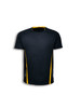 A black unisex sports tee with yellow accents and a logo on the front. Short sleeves and a sporty design.