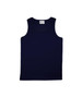A navy blue singlet with no sleeves and a label inside. It features a small logo on one side.
