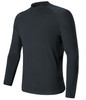 A black long-sleeved rashie with a high neckline and a fitted design, featuring a logo on the sleeve.