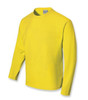A bright yellow long sleeve tee shirt with a round neckline and a logo on the label.