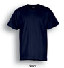 A navy unisex plain cotton tee shirt with a round neck and short sleeves. It features a logo on the label.
