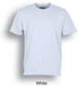 A plain white unisex cotton T-shirt with a round neckline and short sleeves, featuring a logo on the label.