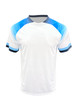 A white sports jersey with blue accents on the shoulders and sleeves, featuring a logo.