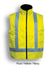 A fluro yellow and navy reversible vest featuring reflective tape, designed for high visibility.