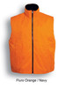 A reversible vest in fluro orange and navy, featuring a zip front and a high collar, with a logo visible.