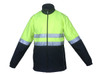 A high-visibility soft shell jacket in bright yellow and navy blue with reflective tape and a logo.