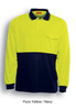 A long-sleeve hi-vis polo shirt in fluro yellow and navy, featuring a pocket and branding.