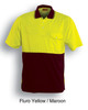 A short sleeve polo shirt in fluro yellow with maroon accents and a pocket, featuring a logo.