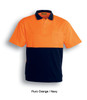A fluro orange and navy polo shirt with a pocket and a logo. Suitable for workwear use.