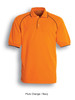 A bright fluro orange polo shirt with navy trim and a logo on the chest. Casual design suitable for workwear.