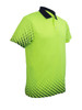 A hi-vis gradient polo in bright yellow-green with a navy collar, featuring a diamond pattern design.