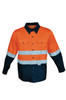 A hi-vis long-sleeve cotton drill shirt in orange and navy, featuring reflective tape and a logo.