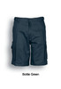 Bottle green unisex cotton drill cargo shorts with side pockets and a button closure, featuring a logo.