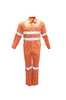An orange hi-vis cotton drill overall featuring reflective tape in an X pattern, with multiple logos present.