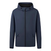 A navy blue rain jacket featuring a hood, front zipper, and side pockets. It includes a logo on the chest.