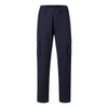 Heavy-duty work pants in navy blue with cargo pockets and a logo. Suitable for various work environments.