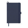 A navy blue leather bound journal with an elastic closure and a bookmark ribbon, featuring a logo on the cover.