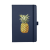 A navy journal with a pineapple illustration on the cover. It features an elastic band closure and has branding.
