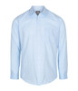 A light blue button-up shirt featuring a check pattern and a single chest pocket. It has long sleeves and a collar.