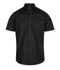 A black short-sleeve button-up shirt features a single chest pocket and a logo on the collar area.