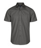 A short-sleeved button-up shirt in olive green with a single chest pocket and a logo.