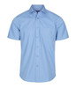 A light blue button-up shirt with short sleeves and a chest pocket. It features a subtle pattern and has a logo.