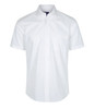A white button-up shirt made from poplin fabric featuring a chest pocket and a collar. It has a logo present.