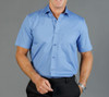 A short-sleeved button-up shirt in light blue, featuring a pocket and a logo.