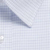 A close-up of a blue and white check-patterned button-up shirt collar with a button visible.