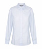 A button-up shirt featuring a light blue mini check pattern and a collar, with long sleeves. It includes a logo.