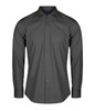 A dark grey button-up shirt with long sleeves and a collar, featuring a subtle logo.