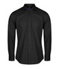 A long-sleeve black button-up shirt with a classic collar and front button closure, featuring a logo.
