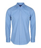 A light blue button-up shirt with long sleeves and a collar, featuring a logo.