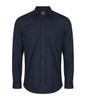 A button-up shirt in a dark navy colour with a slim fit and long sleeves, featuring a branded label.