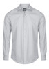A light grey button-up shirt with long sleeves and a classic collar, featuring a logo on the chest.