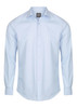 A light blue button-up shirt with long sleeves and a collar, featuring a branding logo on the label.
