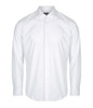 A white button-up shirt with long sleeves and a collar, featuring a logo on the chest.