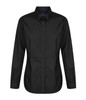 A black button-up shirt with long sleeves and a pointed collar. The shirt features a logo on the chest area.