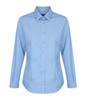 A light blue button-up shirt with long sleeves and a collar. The shirt features a logo on the chest.