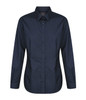 A button-up shirt in deep navy blue with a collar and long sleeves, featuring a branding label.