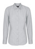 A light grey button-up shirt with long sleeves and a collar, featuring a branding logo.