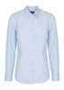 A light blue button-up shirt with a collar, long sleeves, and a logo at the neckline.