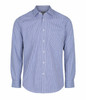 A blue and white checked button-up shirt with long sleeves and a chest pocket, featuring a logo.