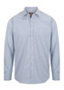 A blue and white gingham button-up shirt with long sleeves and a single chest pocket, featuring a logo.