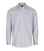 A button-up shirt in a grey and white gingham pattern with long sleeves and a pocket. It features a logo.