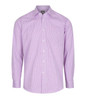 A button-up shirt in light purple and white gingham pattern with long sleeves and a chest pocket.