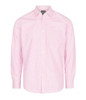 A pink and white gingham button-up shirt with long sleeves and a chest pocket. Features a branding logo.