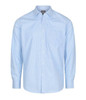 A button-up shirt in light blue with a gingham pattern and a chest pocket. Features long sleeves and a collar.