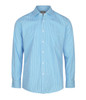 A blue and white checkered button-up shirt with a single chest pocket and long sleeves. The shirt has a logo.